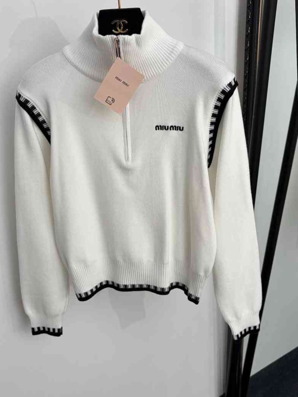 Miu Miu White Knit Half-Zip Sweater with Black Contrast Trim